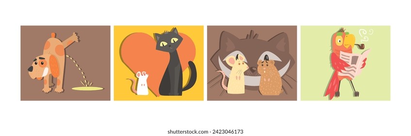 Funny Pets with Action and Emotion Vector Set