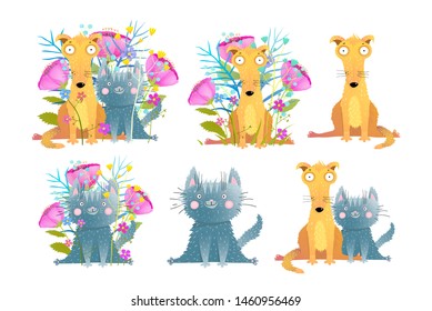 Funny pets cat and dog collection with flowers and isolated. Cute adorable cats and dogs clip art collection of hand drawn watercolor style cartoon. Funny domestic animals collection.