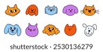 Funny pets, dogs and cats, vector illustration in trendy flat simple linear style, funny mascot and cartoon character, friendly sticker and badge for advertising