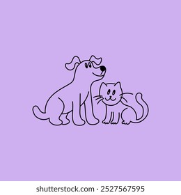 Funny pets, dogs and cats, vector illustration in trendy flat simple linear style, funny mascot and cartoon character, friendly sticker and badge for advertising, social media