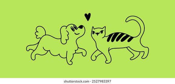 Animais de estimação engraçados, cães e gatos, ilustração vetorial em estilo linear simples na moda, mascote engraçado e personagem de desenho animado, adesivo amigável e distintivo para publicidade, mídias sociais