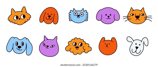 Mascotas divertidas, perros y gatos, Ilustración vectorial en estilo lineal simple plano de moda, mascota divertida y personaje de dibujos animados, etiqueta engomada amigable e insignia para publicidad