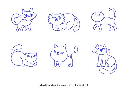 Funny pets, dogs and cats, vector illustration in trendy flat simple linear style, funny mascot and cartoon character, friendly sticker and badge for advertising