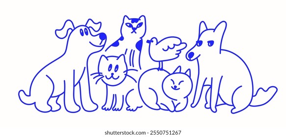 Animais de estimação engraçados, cães e gatos, ilustração vetorial em estilo linear simples na moda, mascote engraçado e personagem de desenho animado, adesivo amigável e distintivo para publicidade, mídias sociais, modelo de loja de animais de estimação logotipo
