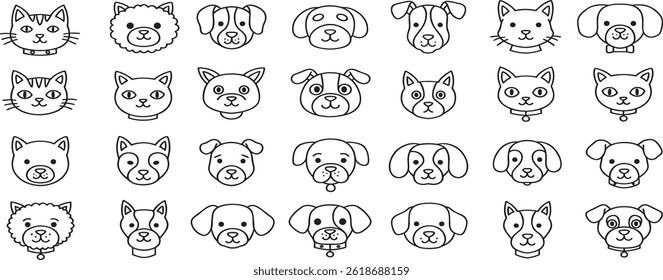 Funny pets, dogs and cats, vector illustration in trendy flat simple linear style, funny mascot and cartoon character, friendly sticker and badge