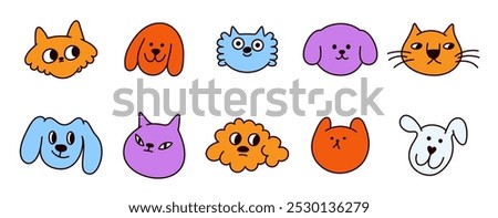 Funny pets, dogs and cats, vector illustration in trendy flat simple linear style, funny mascot and cartoon character, friendly sticker and badge for advertising