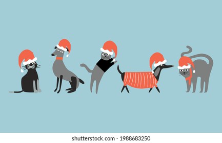 Funny pets like dogs and cats wearing santa claus hats. Christmas vector illustration 
