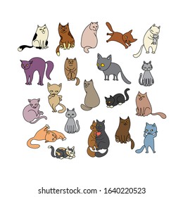 Funny pets on a white background. Different cartoon cats set. Simple modern geometric flat style vector illustration. For decoration of children's rooms, textiles, wallpaper, postcards, etc.