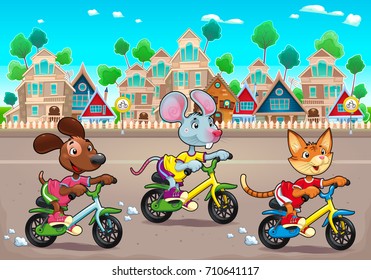 Funny pets are riding bikes in the town. Vector cartoon illustration, the background can repeats seamlessly.

