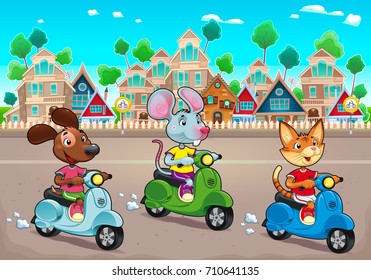 Funny pets are riding scooters in the town. Vector cartoon illustration, the background can repeats seamlessly.