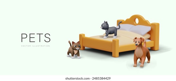 Funny mascotas concepto de Vector. Perro realista, gatos en la cama. Higiene animal en casa