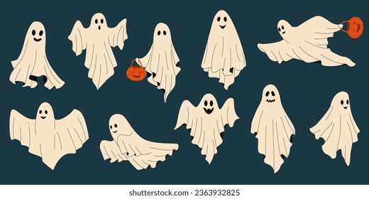 Funny phantom. Cute scary monster in white sheets, cartoon scary monster faces with expressions and emotions. Vector Halloween characters. Flying mystic poltergeist, creatures in costumes