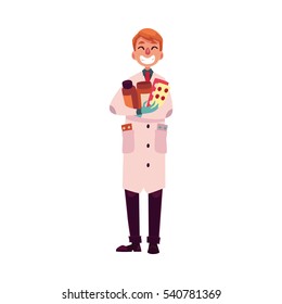 Funny pharmacist in lab coat and rubber gloves holding many pills and bottles, cartoon vector illustration isolated on white background. Male pharmacy, drug store worker smiling happily