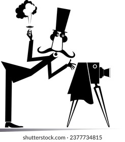 Funny photographer. Retro camera. 
Long mustache man with a retro camera making a shot. Black and white
