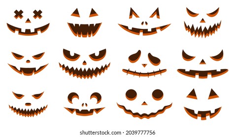 Funny physiognomies. A collection of Halloween pumpkins with carved silhouettes of faces isolated on white. A template with many eyes, mouths, noses for cutting out jack o lantern. Color Vector
