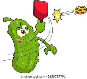 Funny Pickle Cartoon Character Hits A Pickleball Shot. Vector Hand Drawn Illustration Isolated On Transparent Background