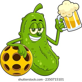 Funny Caricatura De Pickle Con Una Pelota De Pickleball Con Un Vaso De Cerveza. Ilustración dibujada a mano vectorial aislada en fondo transparente