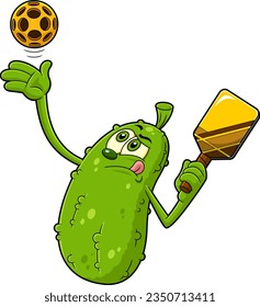 Funny Pickle Cartoon Character Playing Pickleball. Vector Hand Drawn Illustration Isolated On Transparent Background