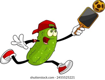 Funny Pickle Cartoon Character Playing Pickleball. Vector Hand Drawn Illustration Isolated On Transparent Background