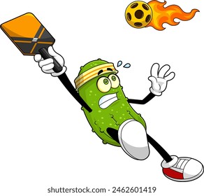 Funny Pickle Cartoon Character Playing Pickleball Sport. Vector Hand Drawn Illustration Isolated On Transparent Background