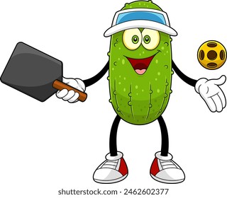 Funny Pickle Cartoon Character Playing Pickleball Sport. Vector Hand Drawn Illustration Isolated On Transparent Background