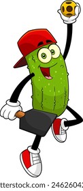 Funny Pickle Cartoon Character Playing Pickleball Sport. Vector Hand Drawn Illustration Isolated On Transparent Background