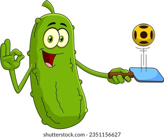 Funny Pickle Cartoon Character Present Pickleball. Vector Hand Drawn Illustration Isolated On Transparent Background