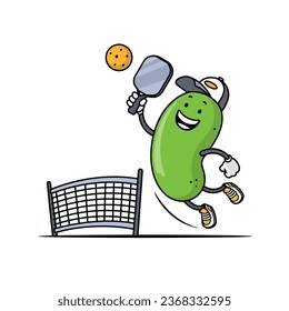 Funny pickle playing pickleball, vector illustration isolated on white