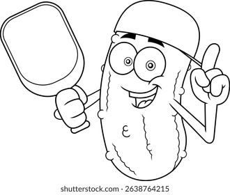 Funny Pickleball Cartoon Mascot Character With Cap And Paddle Pointing Up – Black And White Vector Hand Drawn Illustration Isolated On Transparent Background