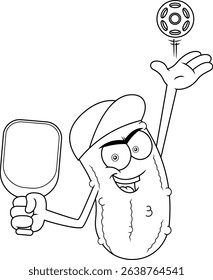 Funny Pickleball Cartoon Mascot Character Tossing Ball And Holding Paddle – Black And White Vector Hand Drawn Illustration Isolated On Transparent Background