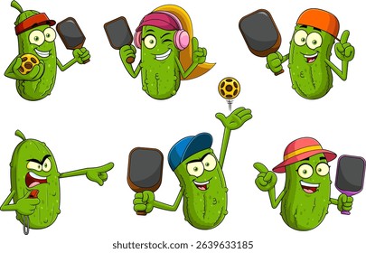 Funny Pickleball Cartoon Mascot Characters. Vector Hand Drawn Collection Set Isolated On Transparent Background