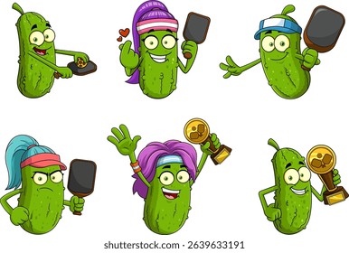 Funny Pickleball Cartoon Mascot Characters. Vector Hand Drawn Collection Set Isolated On Transparent Background