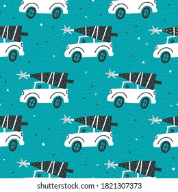 Funny pickup truck driven by a Cristmas tree. Hand drawn seamless pattern. Winter background.