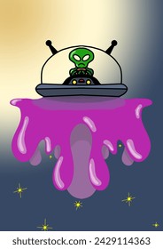Funny picture of an alien riding a UFO on a thick purple liquid in outer space, vector, illustration