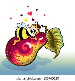 Funny picture. Bee is on a pear. She embraces a pear. A bee is very happy that she has such a huge and sweet pear