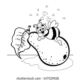 Funny picture. Bee is on a pear. She embraces a pear. A bee is very happy that she has such a huge and sweet pear. Coloring book