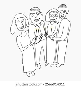 A funny picture with caricature characters. Four people, two girls and two guys, are standing nearby and holding sparklers in their hands. Black and white vector illustration.