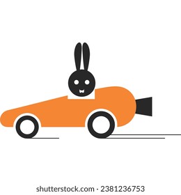 funny picture of a carrot-shaped racing car driven by a rabbit