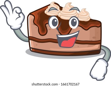 Una imagen divertida de una tarta de queso de chocolate haciendo un gesto OK