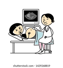 a funny picture of a doctor conducting an ultrasound examination of a pregnant Asian woman. the monitor shows the embryo 