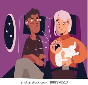 Funny Picture Of Family On Board Of Air Plane. Angry Childfree Male Passenger Can’t Sleep Because Of Tired Exhausted Young Mother With Screaming Stressed Infant Baby. Travelling Problems With Children