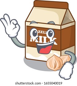 Una imagen divertida de la leche de avellanas haciendo un gesto OK