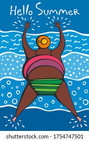 Funny picture "Hello summer". A woman bathing in the sea. Vector graphics.