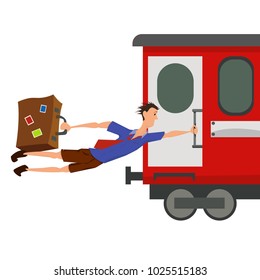 funny picture, illustration a Man with a suitcase grabbed the handle of a train and holds on to it. Vector. Perfectly relates to the theme of tourism.