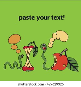 Funny picture with the image of two worms and bitten apples.