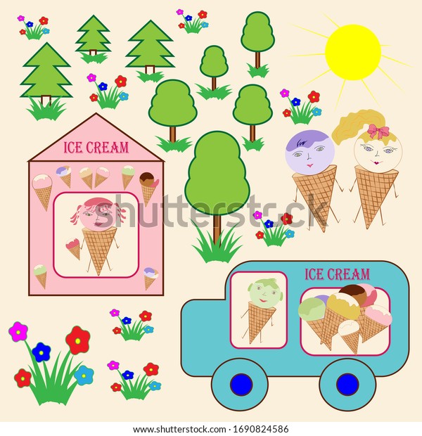 Funny picture from the life of ice cream. A\
tent selling ice cream, a van with ice cream and lots of ice cream\
around. Vector\
illustration.