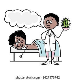 a funny picture of a massage therapist or acupuncturist with a prickly cactus in his hands and his unfortunate patient
