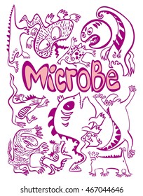 a funny picture of microbes, colorful, monotone, simple, evil, cartoon