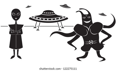 Funny picture of a pair of aliens and flying saucer