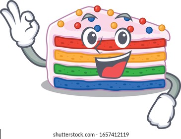 Una imagen divertida de la tarta arco iris haciendo un gesto OK
